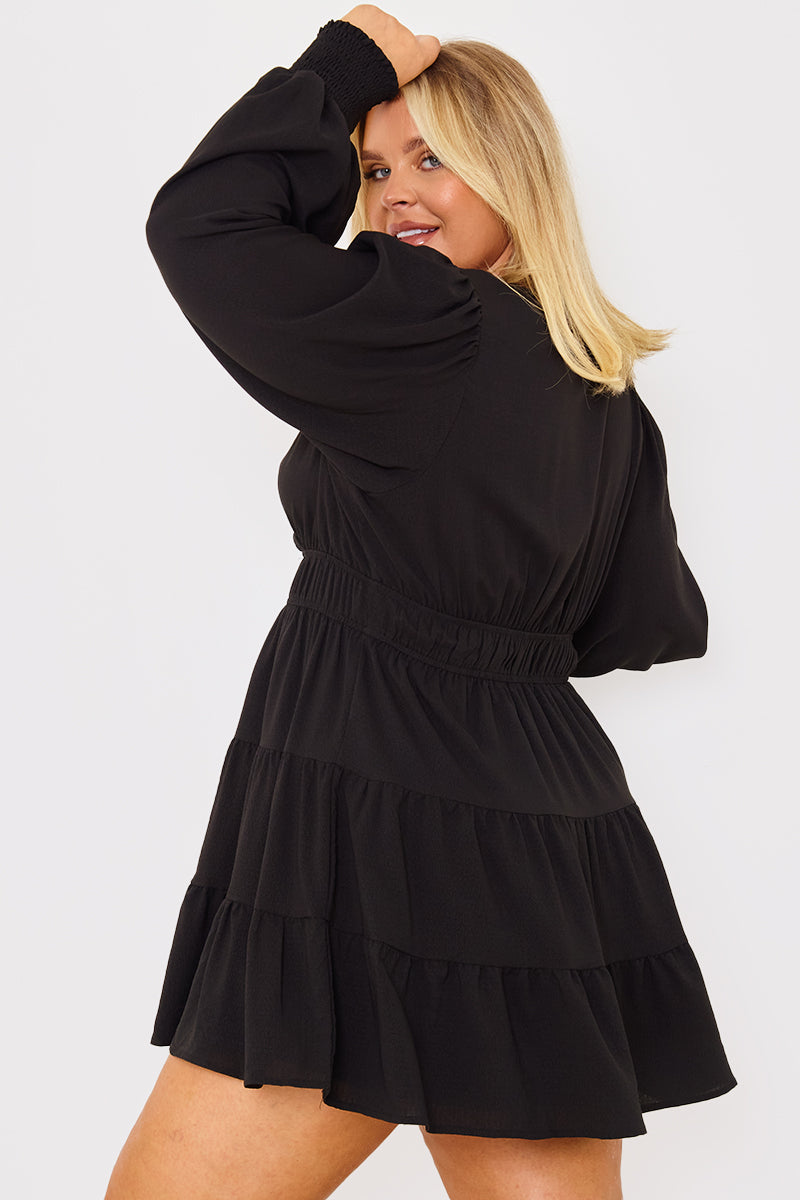 Crinkle Shirred Tiered Plunge Mini Dress