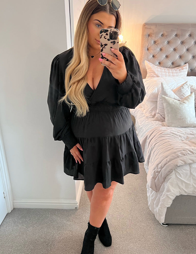 Crinkle Shirred Tiered Plunge Mini Dress