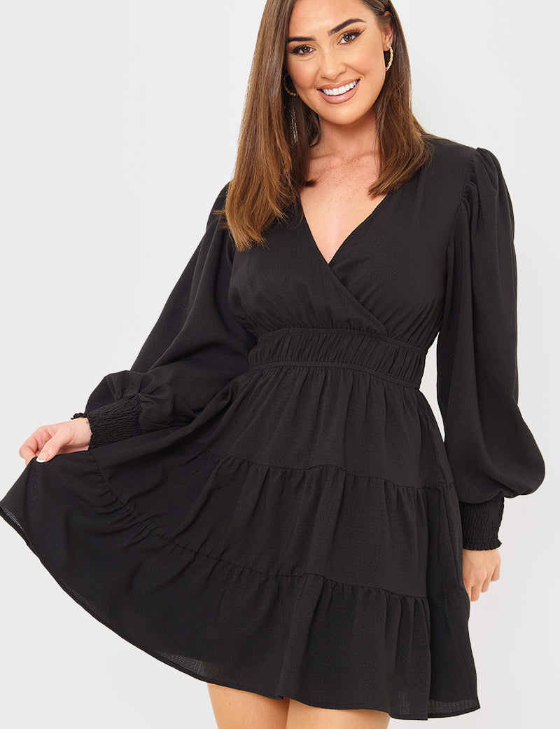 Crinkle Shirred Tiered Plunge Mini Dress