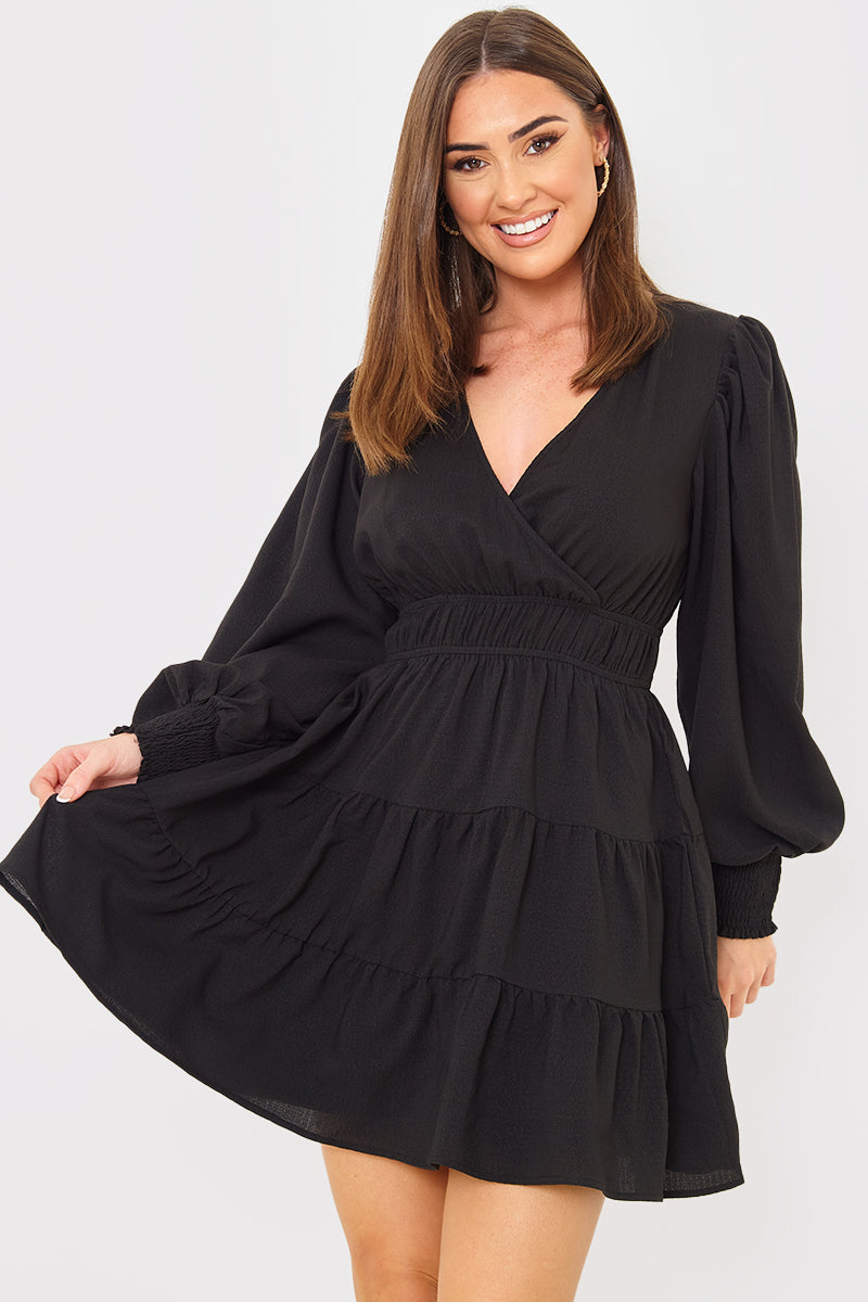 Crinkle Shirred Tiered Plunge Mini Dress
