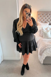 Crinkle Shirred Tiered Plunge Mini Dress