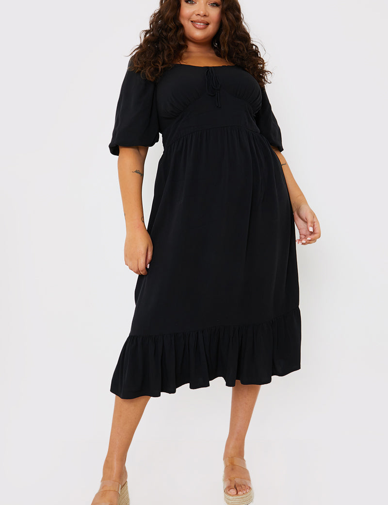 Tie Front Sweerheart Puff Sleeve Midi Dress