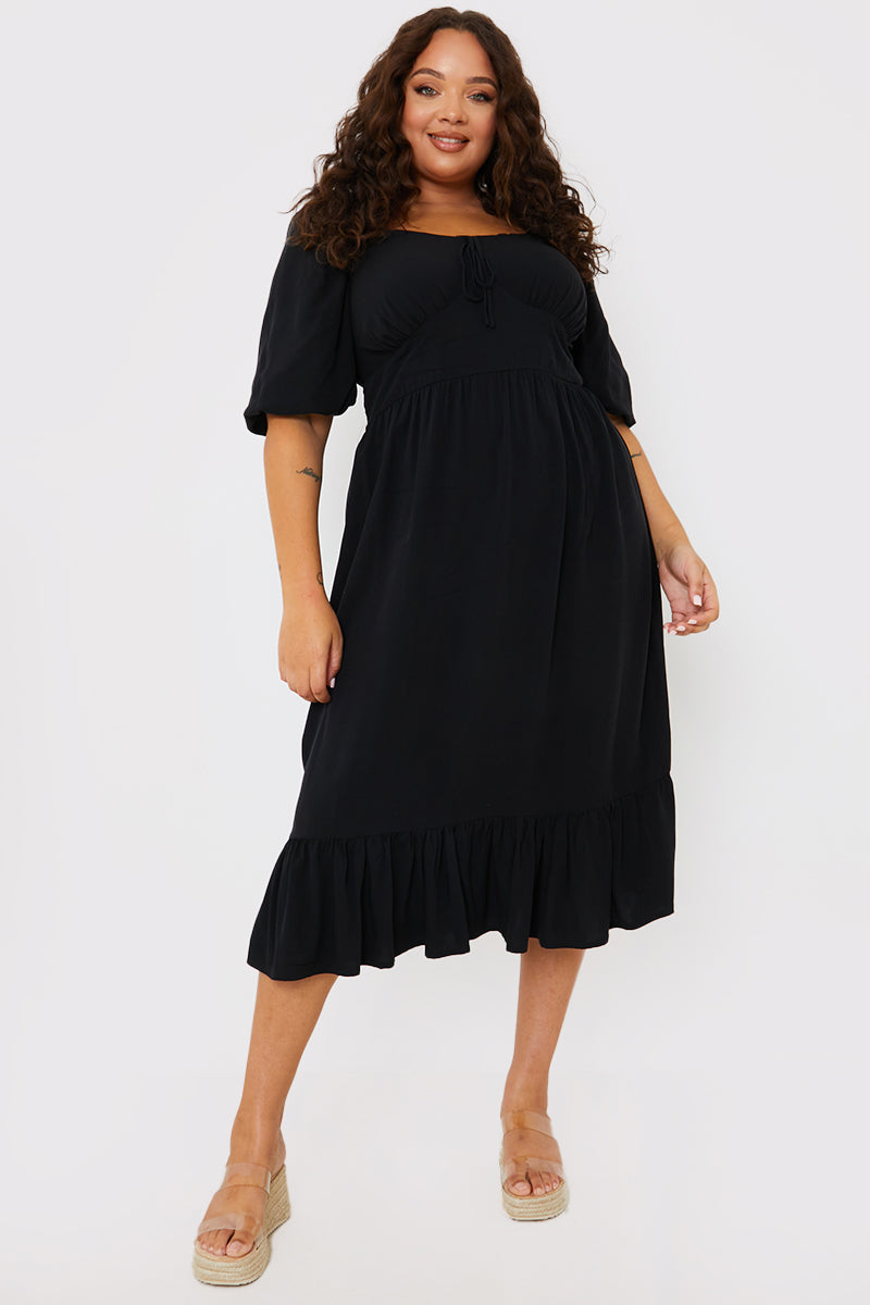 Tie Front Sweerheart Puff Sleeve Midi Dress