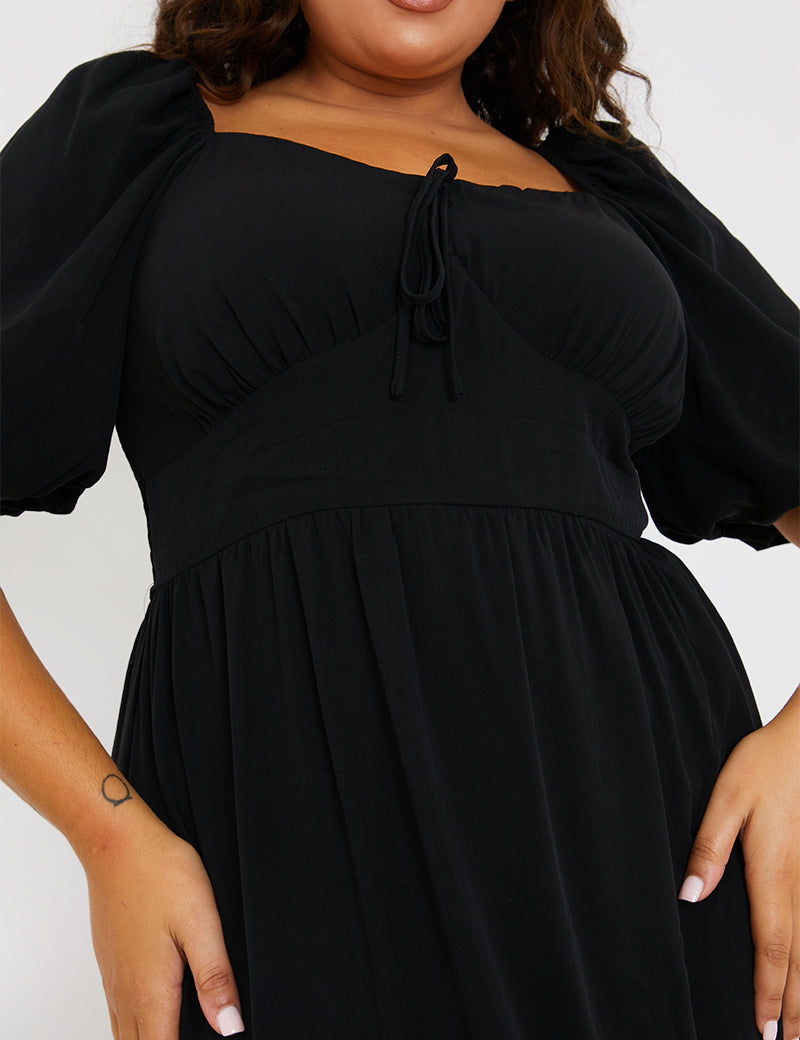 Tie Front Sweerheart Puff Sleeve Midi Dress