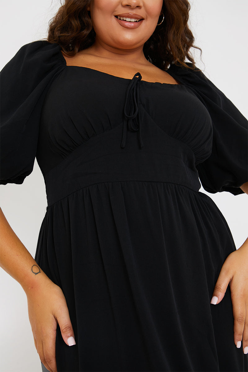 Tie Front Sweerheart Puff Sleeve Midi Dress