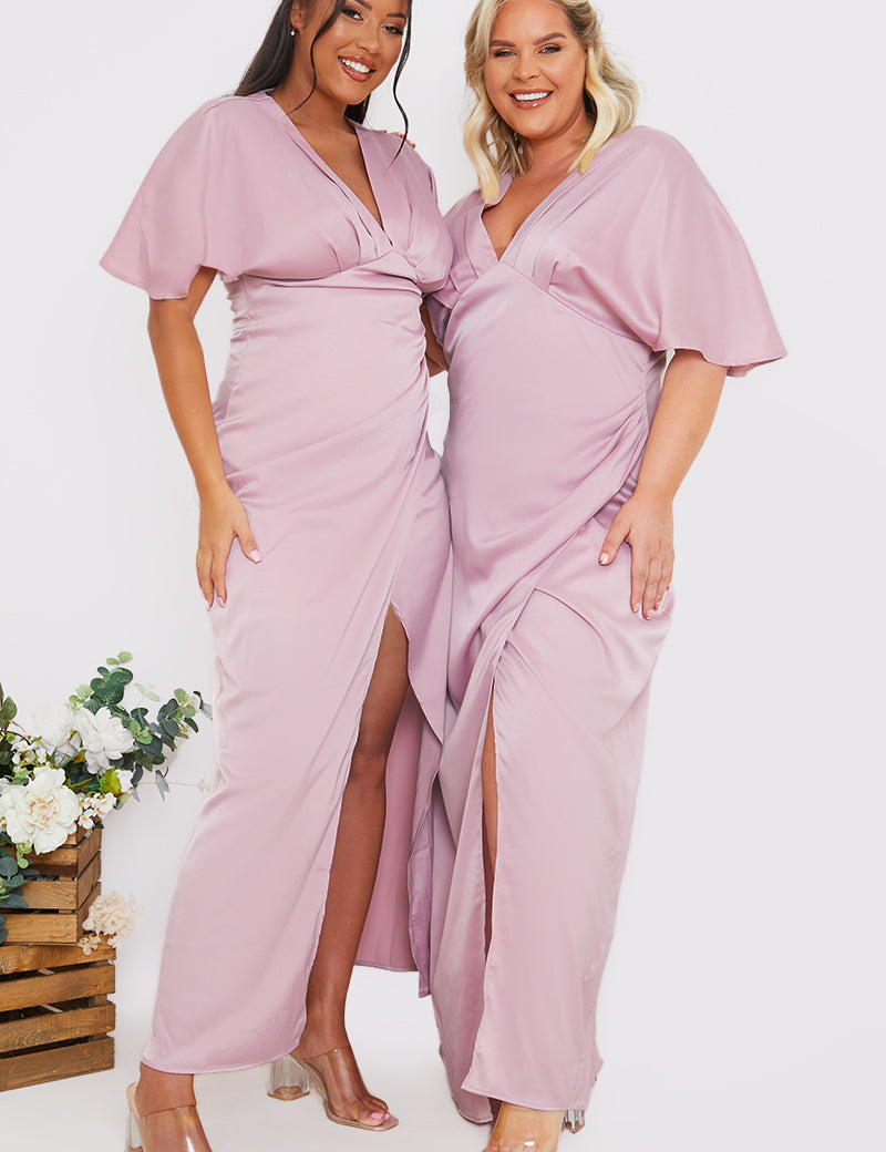 Satin Flutter Sleeve GatheSide Dress