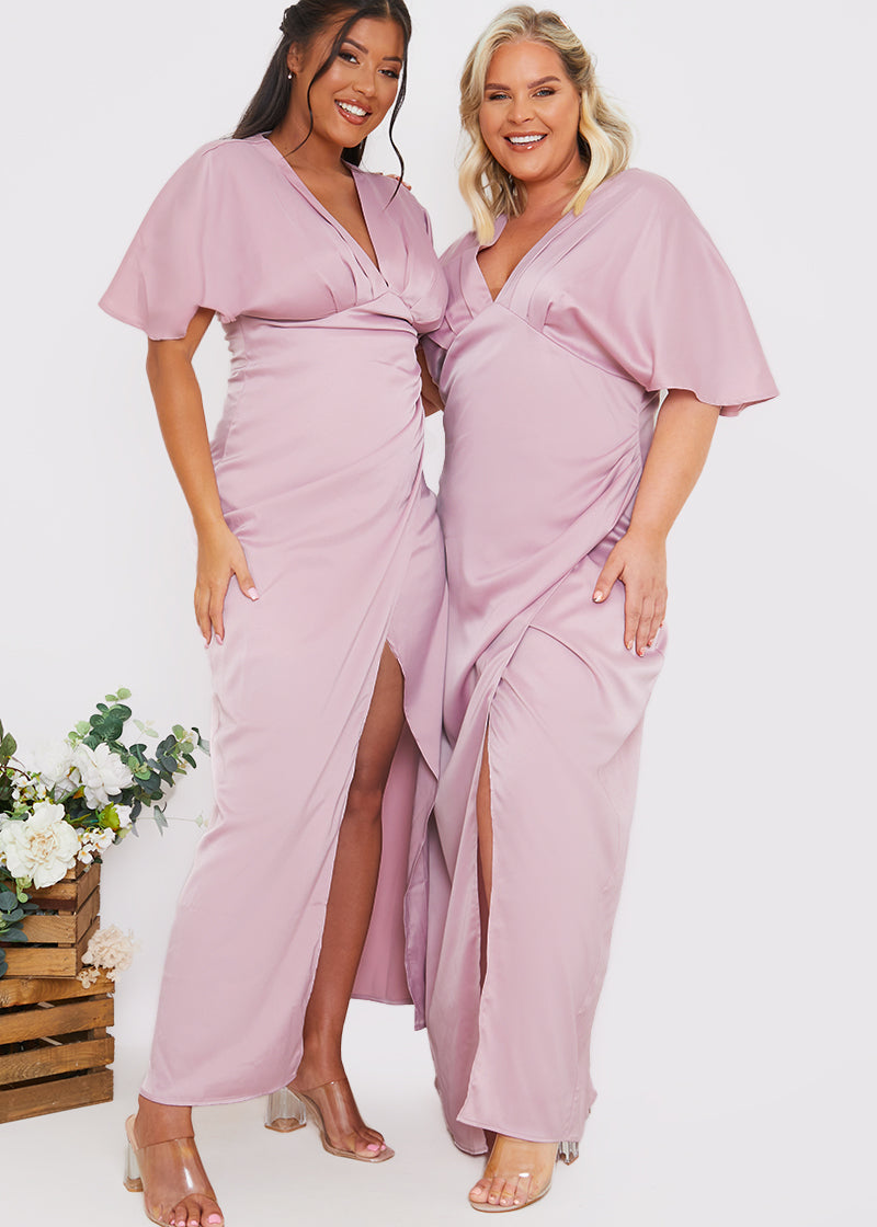 Satin Flutter Sleeve GatheSide Dress