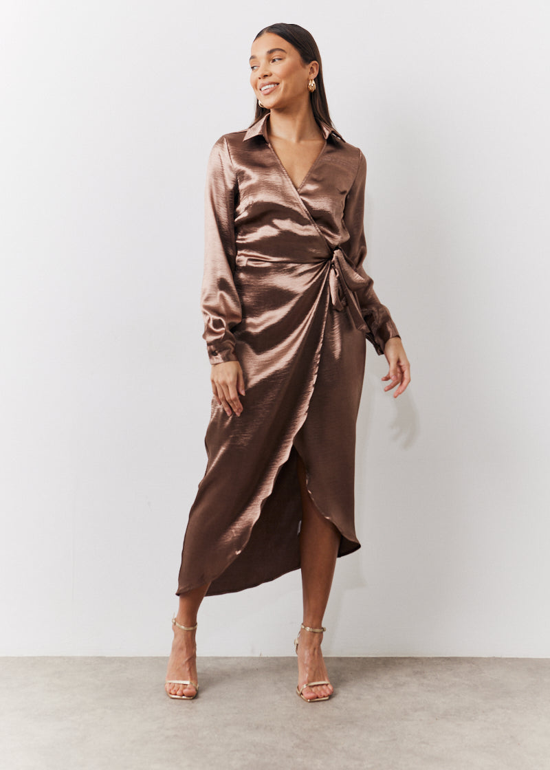 Bronze Liquid Satin Wrap Midaxi Dress	