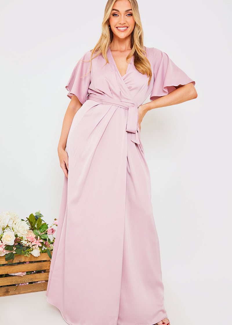 Satin Flutter Sleeve Tie Waist Wrap Dress