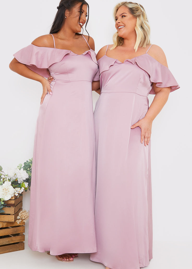 Satin Frill Off The Shoulder Maxi Dress