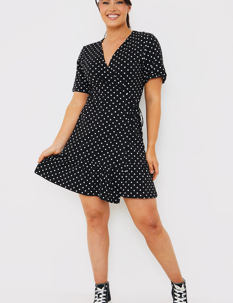 Polka Dot Print Short Sleeve Wrap Swing Dress