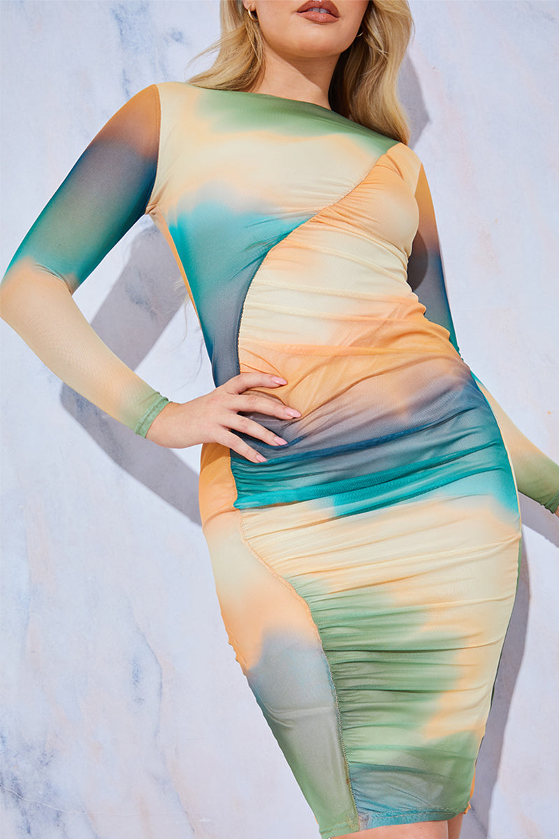Mesh Ruched Long Sleeve Midi Dress