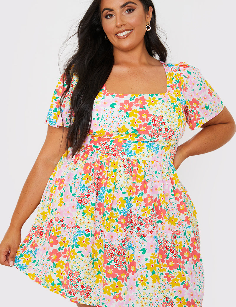 Multi Floral Lace Up Mini Dress