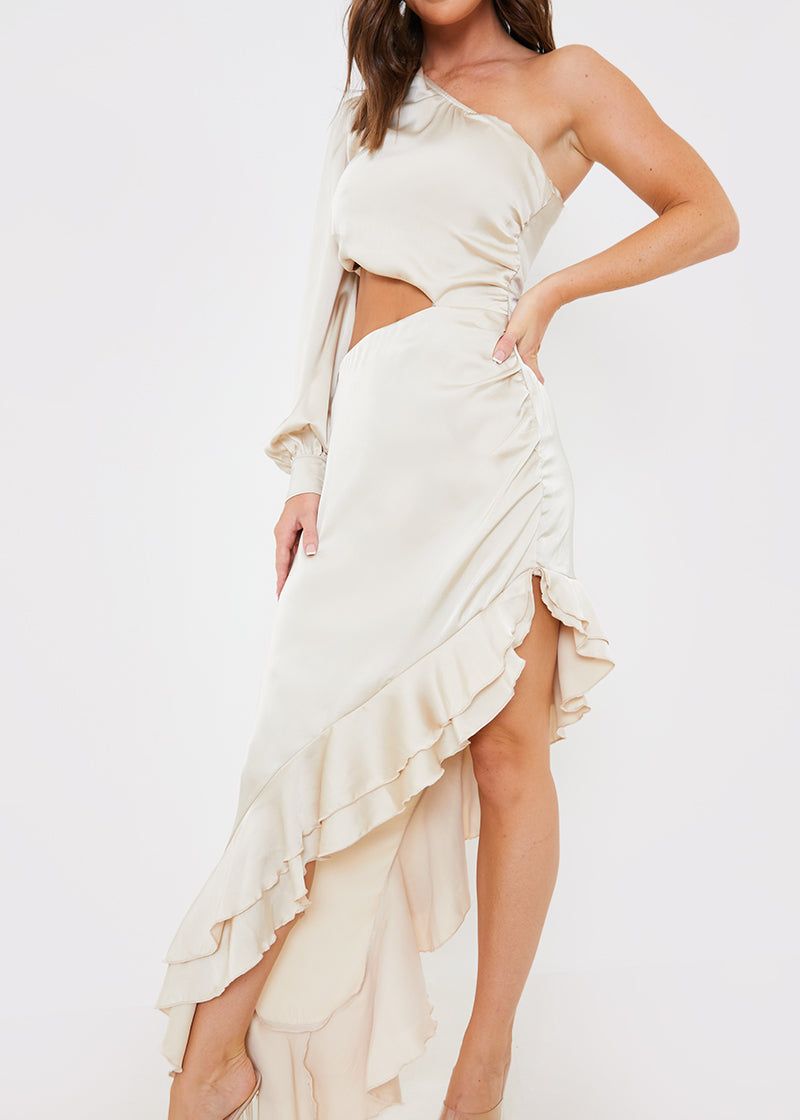 Satin Asymmetric Frill Maxi Dress