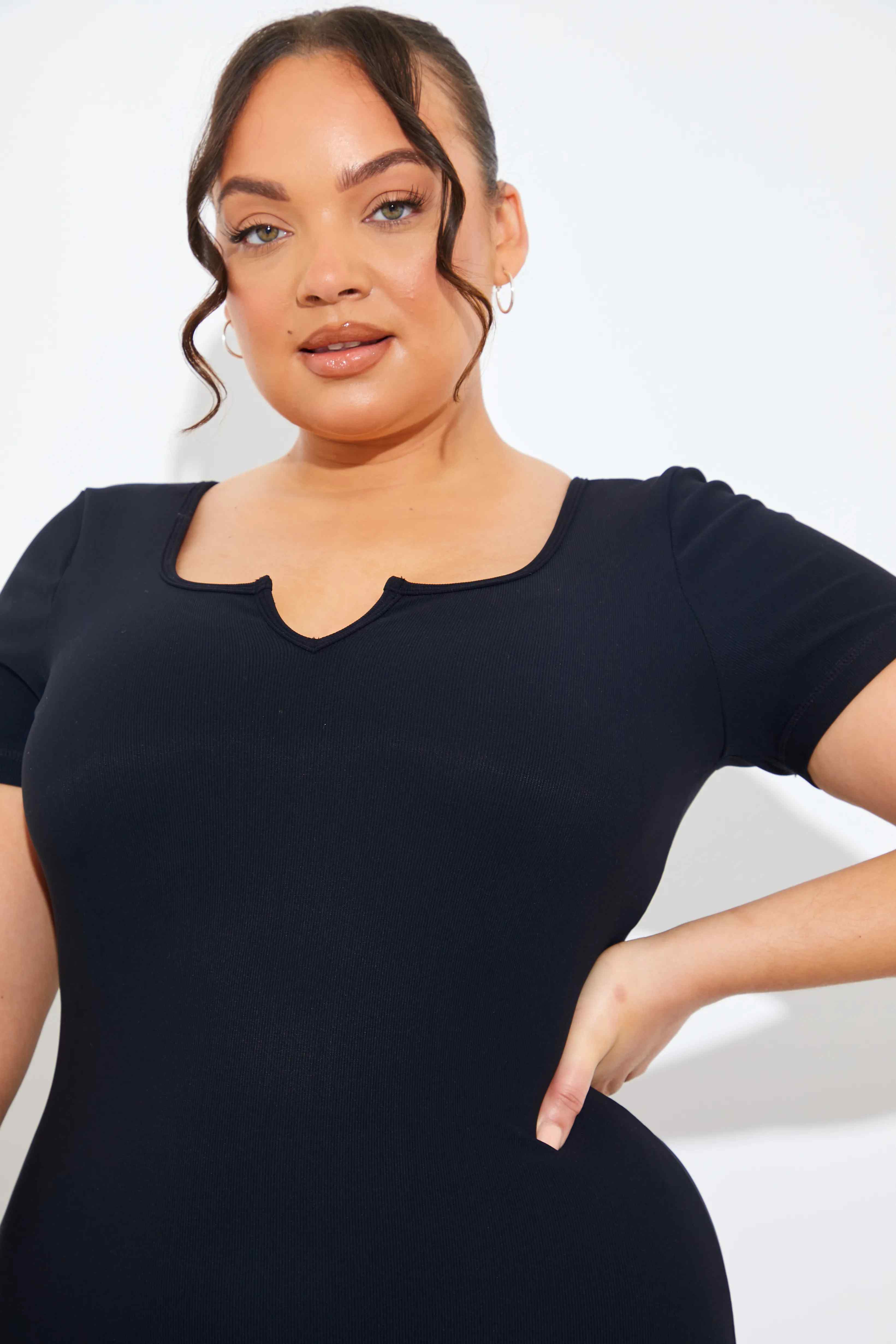 RIBBED SCULPT AND CONTROL NOTCHED NECK SHORT UNITARD