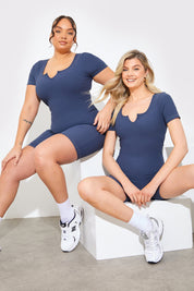 Built-In Bra Notched Neck Short Sleeve Sculpt and Control Short Unitard