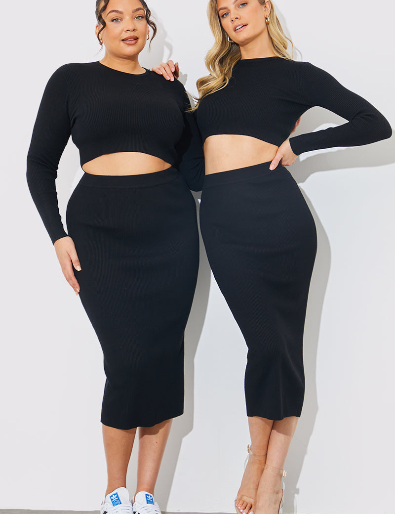  Rib Knit High Waisted Midi Co-ord Skirt