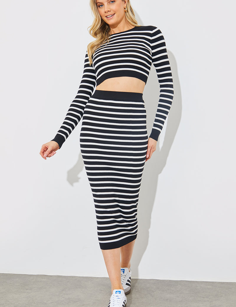 Rib Knit Stripe High Waisted Co-Ord Midi Skirt 