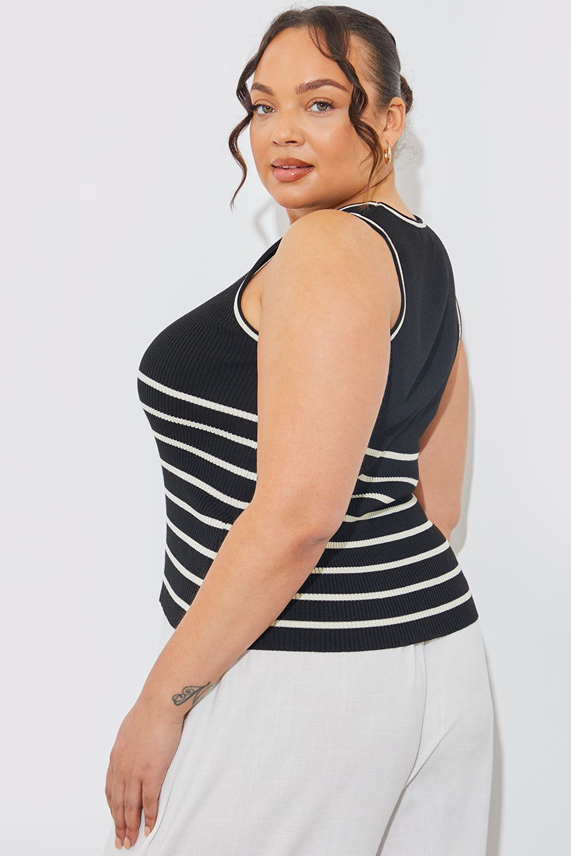 Knitted Rib Scoop Neck Stripe Top