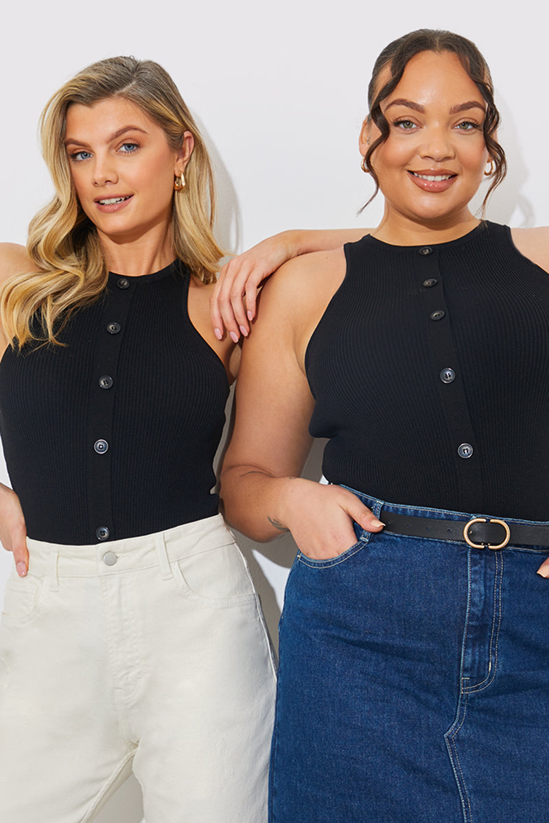 Rib Knit Button Detail Racer Neck Bodysuit