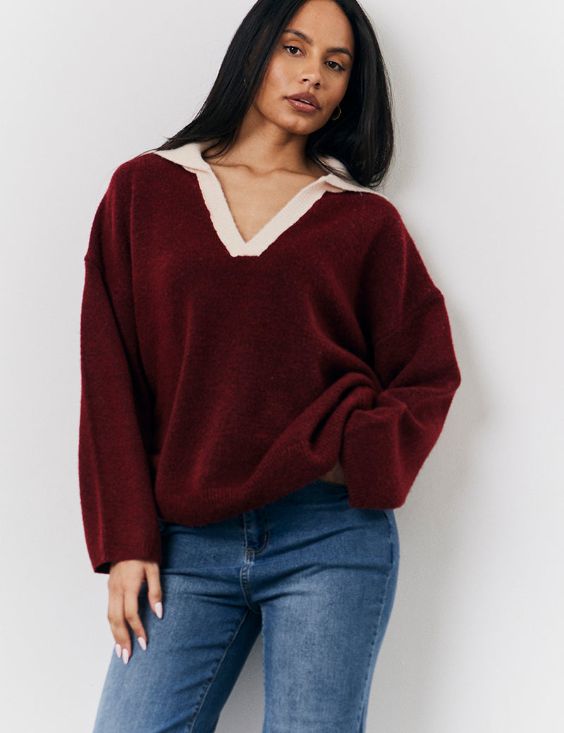 Burgundy 90's Collared Knitted Rugby Sweater
