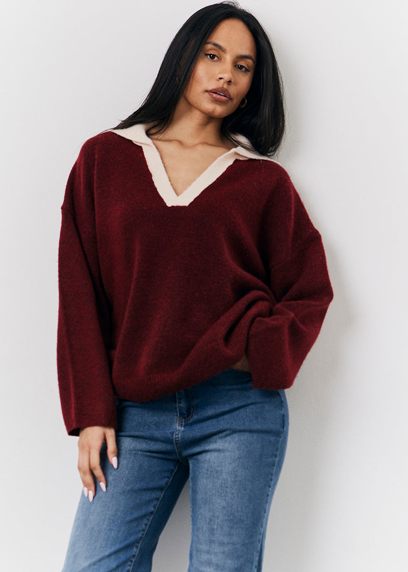 Burgundy 90's Collared Knitted Rugby Sweater