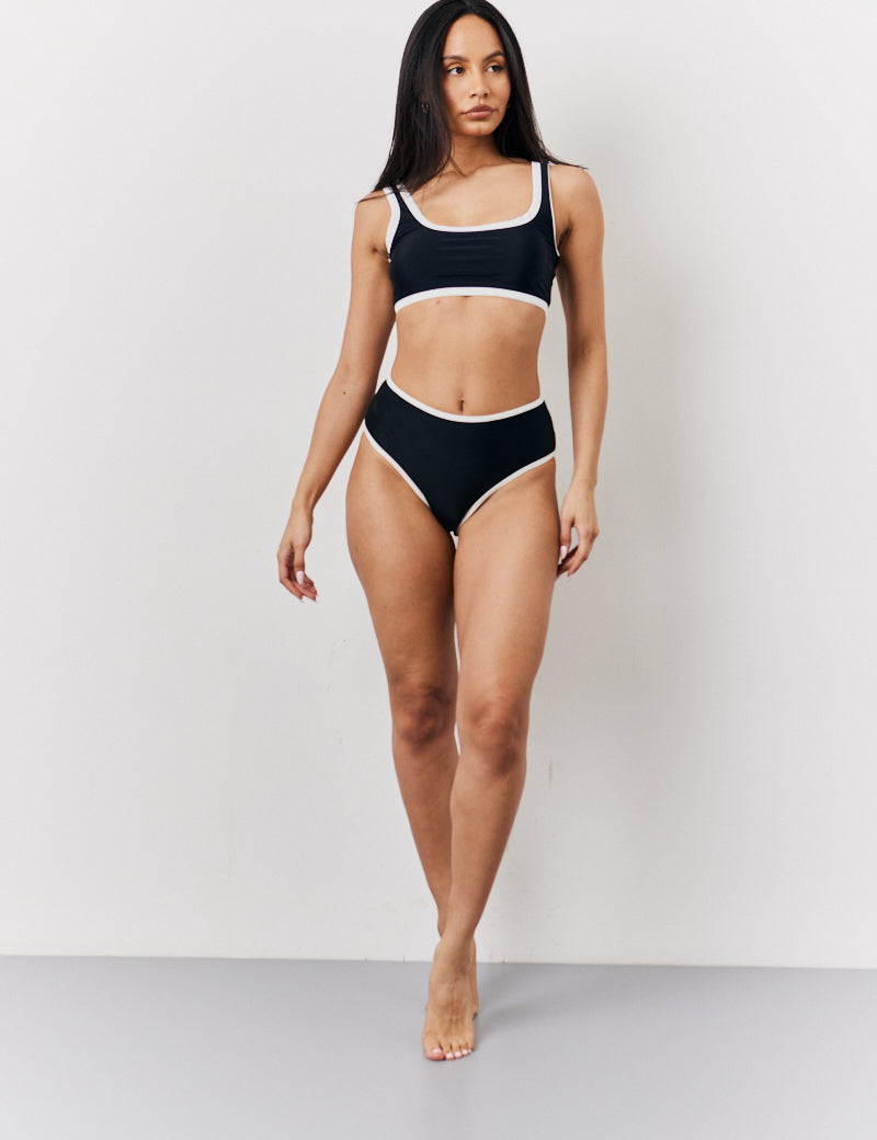Black Contrast Binding High Waist Bikini Bottoms