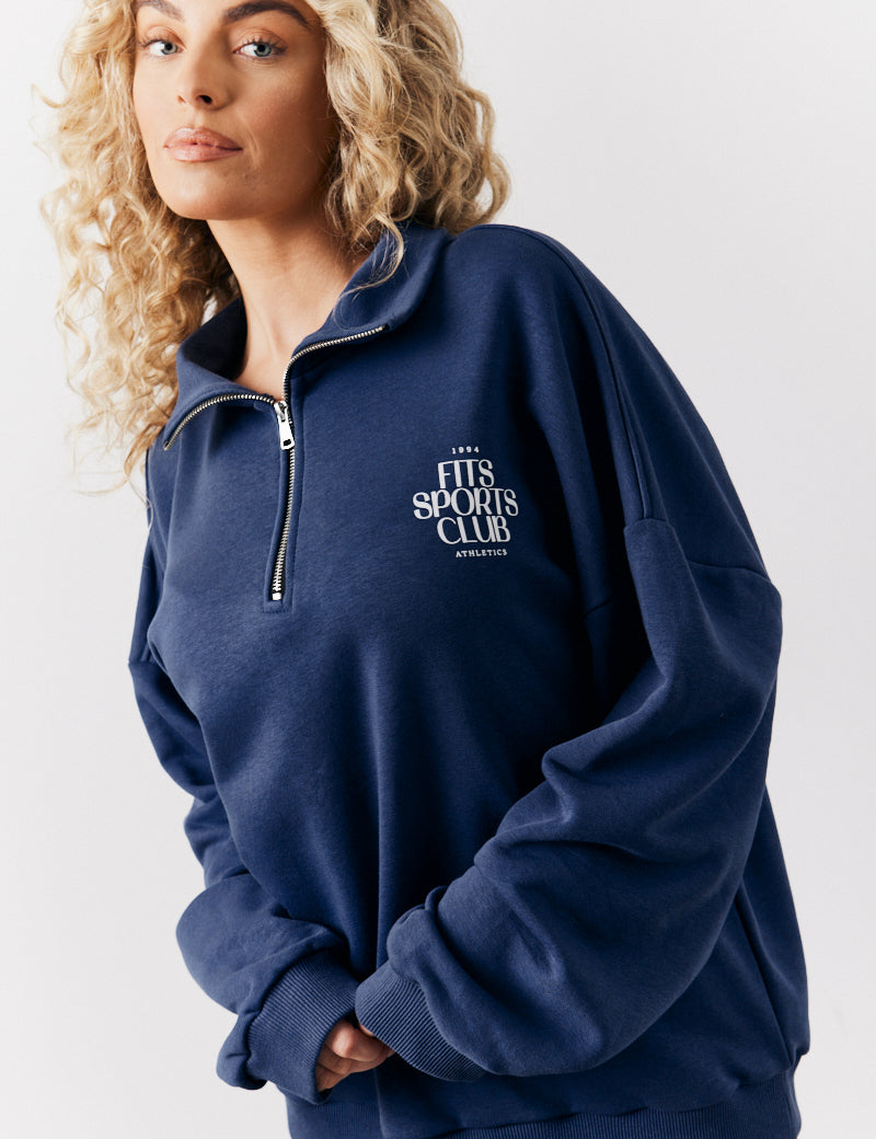 Navy Fits Sports Club Graphic Oversized Half Zip Co-Ord Sweatshirt
