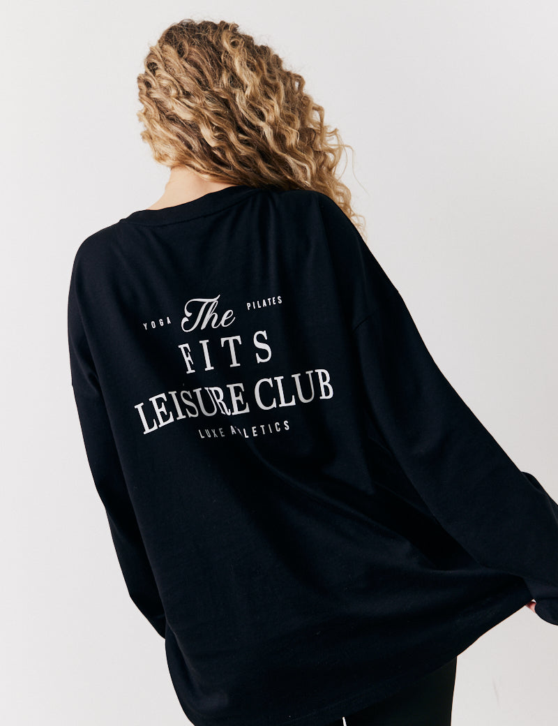 Black Fits Leisure Club Graphic Oversized Long Sleeve T-Shirt