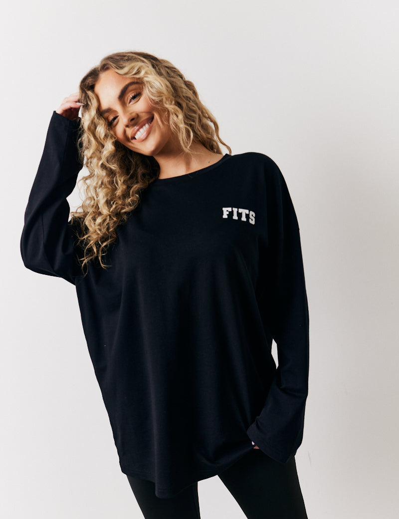 Black Fits Leisure Club Graphic Oversized Long Sleeve T-Shirt