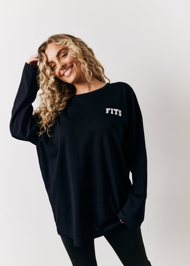 Black Fits Leisure Club Graphic Oversized Long Sleeve T-Shirt