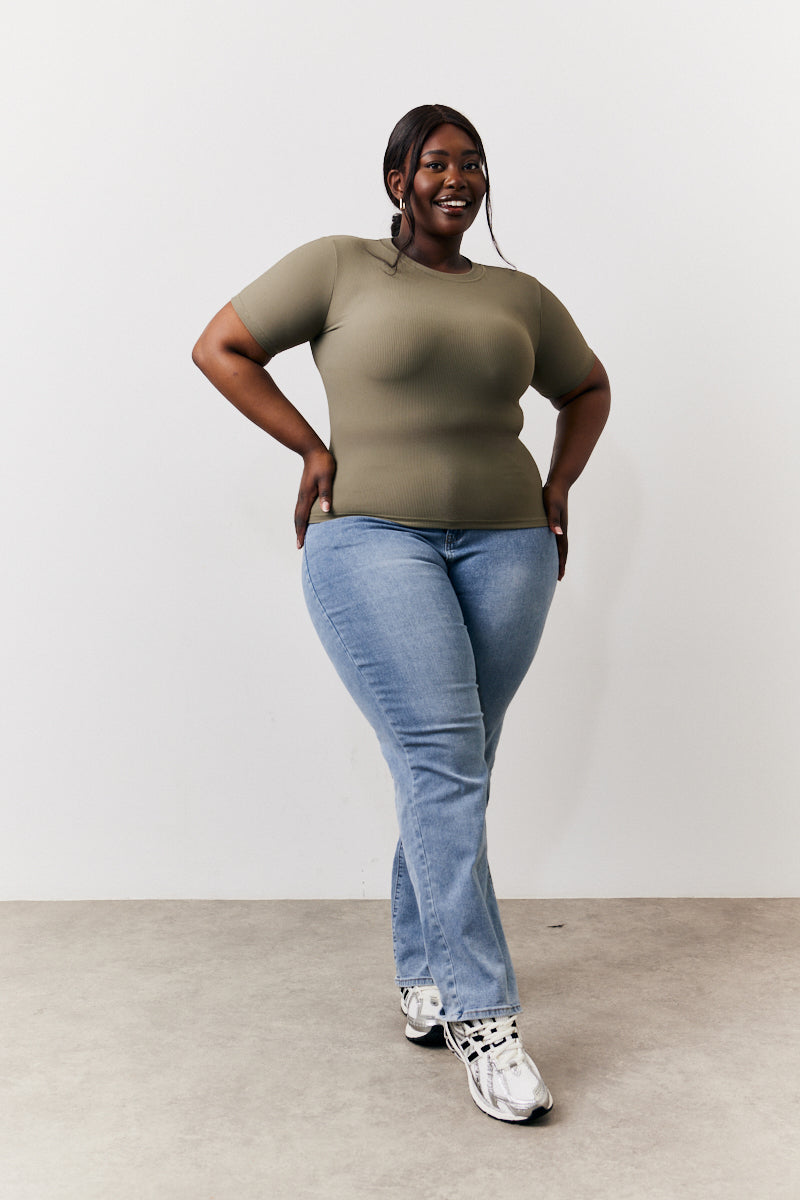 Khaki Ribbed Crew Neck Short Sleeve Top
