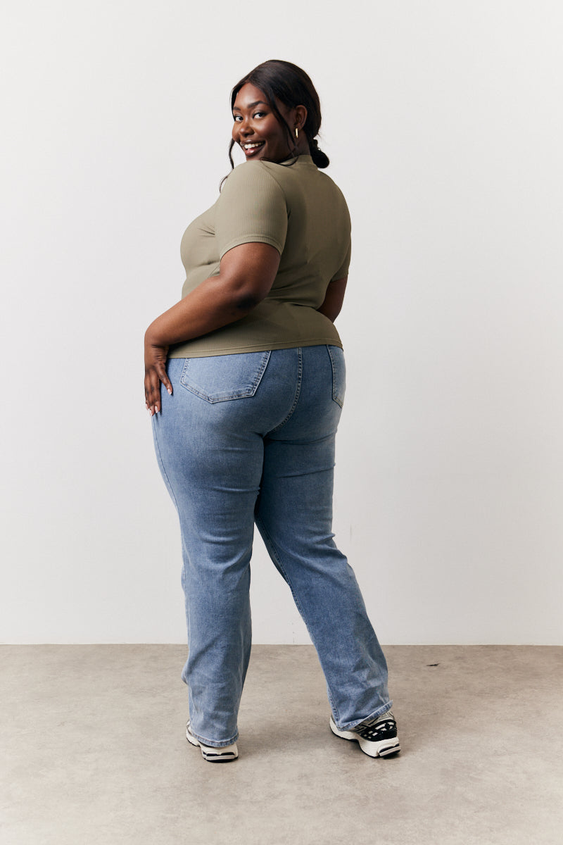 Khaki Ribbed Crew Neck Short Sleeve Top