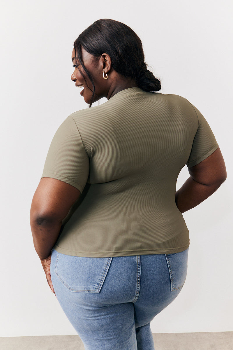 Khaki Ribbed Crew Neck Short Sleeve Top