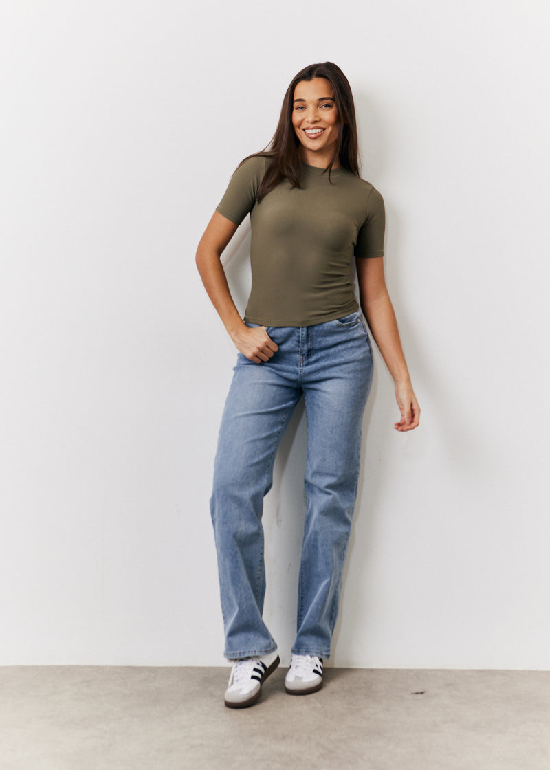 Khaki Ribbed Crew Neck Short Sleeve Top