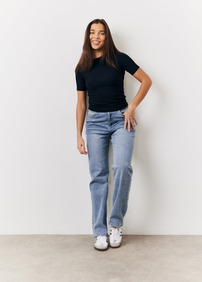 Black Ribbed Crew Neck Short Sleeve Top