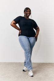 Black Ribbed Crew Neck Short Sleeve Top