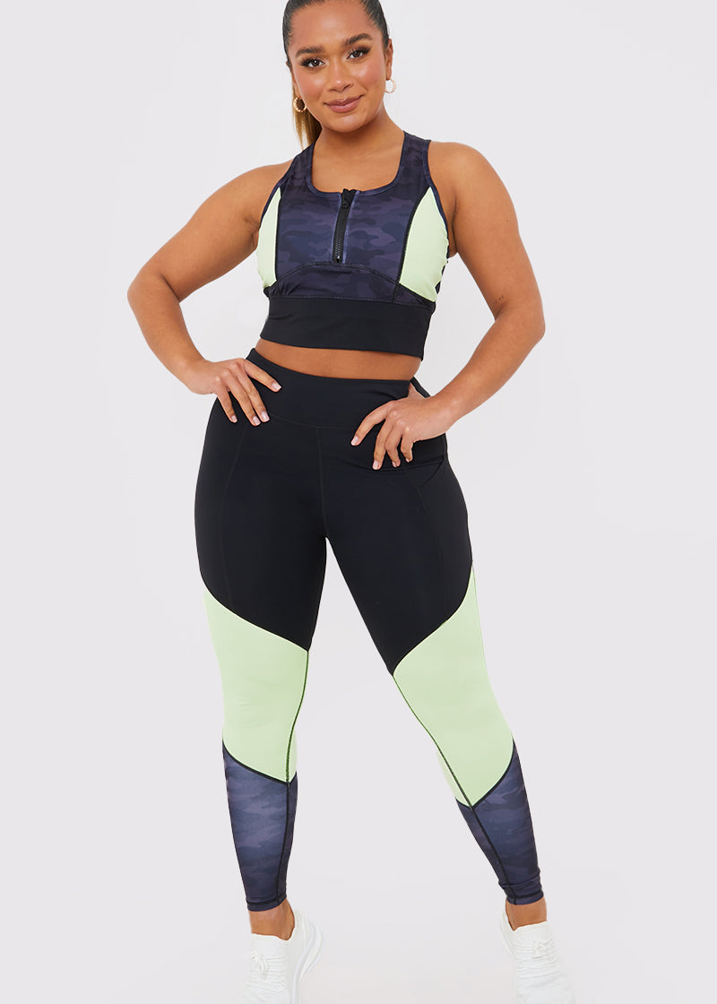 Camo Contrast Zip Crop Top