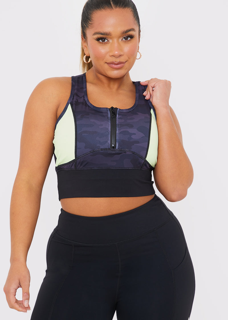 Camo Contrast Zip Crop Top