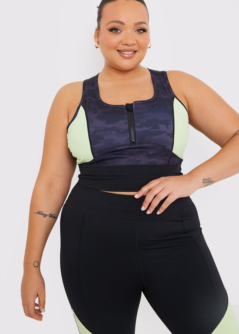 Camo Contrast Zip Crop Top