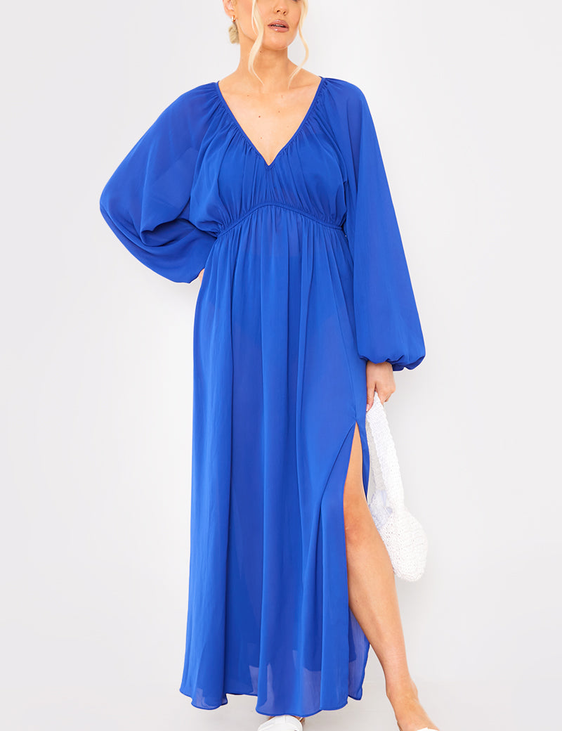 Gathered Puff Sleeve Maxi Dress
