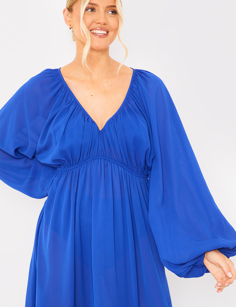 Gathered Puff Sleeve Maxi Dress