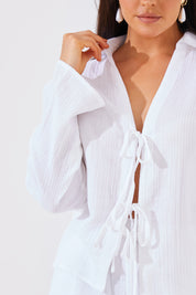 Long Sleeve Tie Front Linen Top