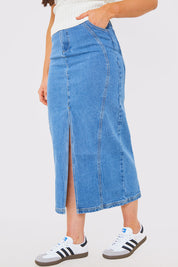 Denim Seam Detail Split Midaxi Skirt