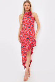 Floral High Neck Asymmetric Midaxi Dress
