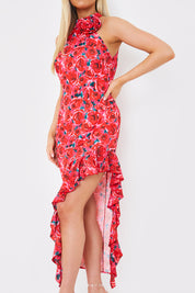 Floral High Neck Asymmetric Midaxi Dress