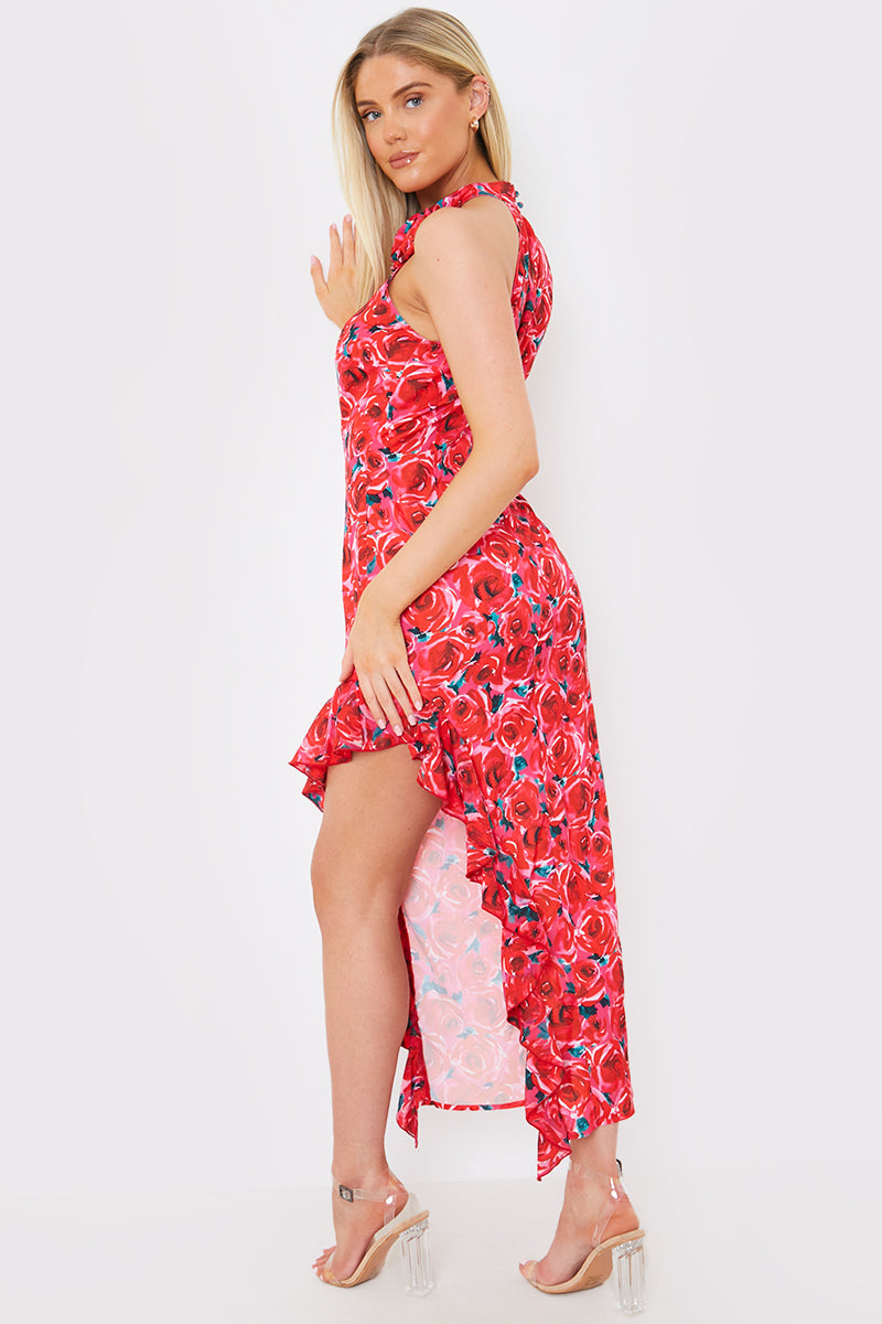 Floral High Neck Asymmetric Midaxi Dress