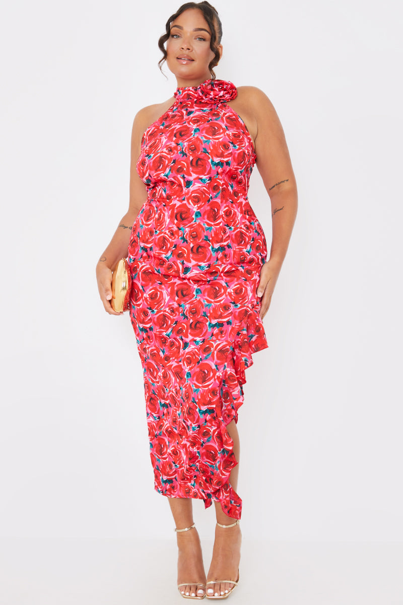 Floral High Neck Asymmetric Midaxi Dress