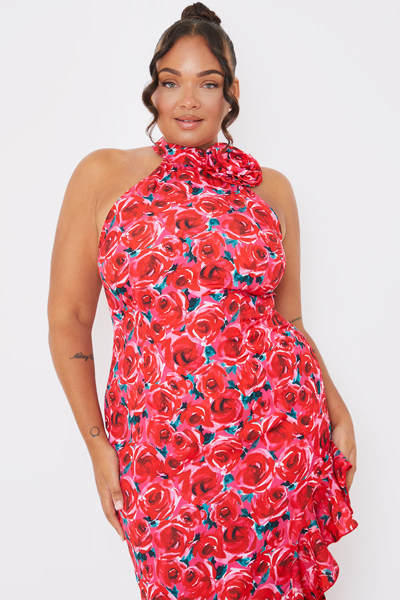 Floral High Neck Asymmetric Midaxi Dress
