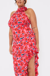 Floral High Neck Asymmetric Midaxi Dress